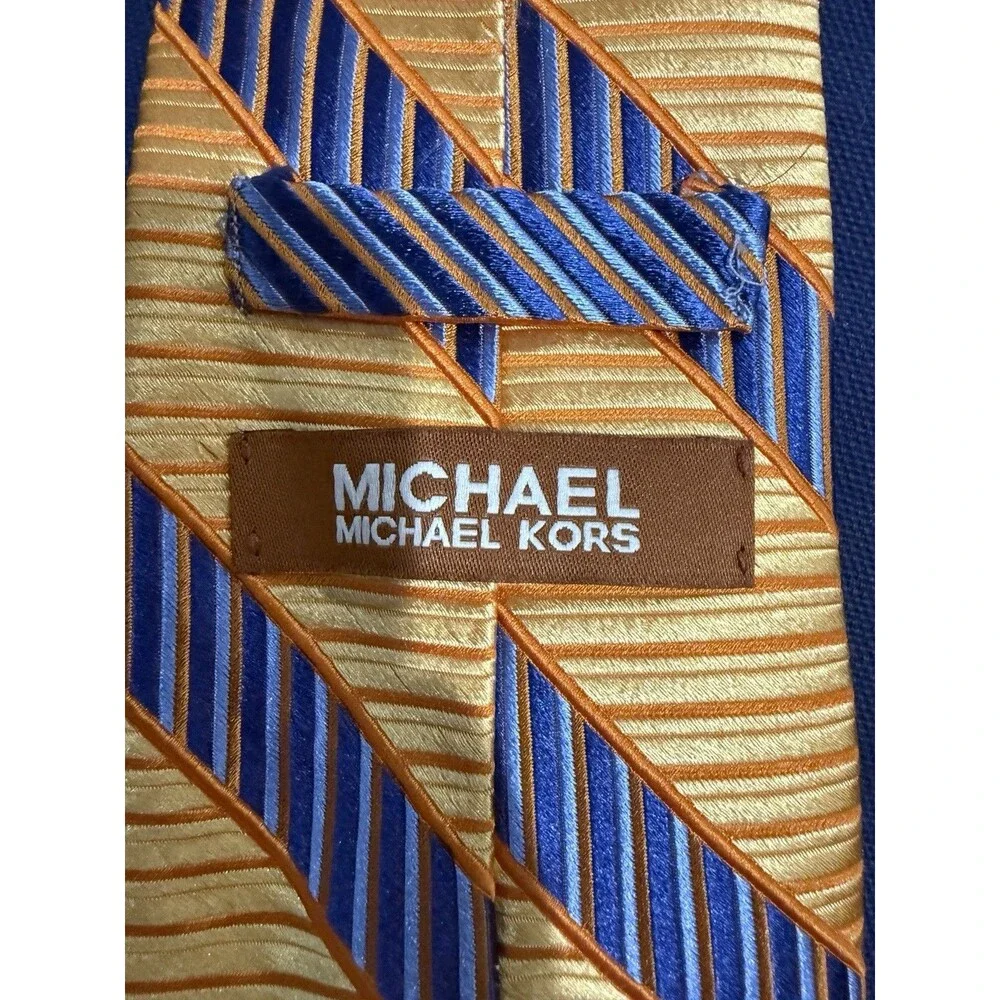 Michael Kors 100% Silk Necktie Geometric Orange And Blue